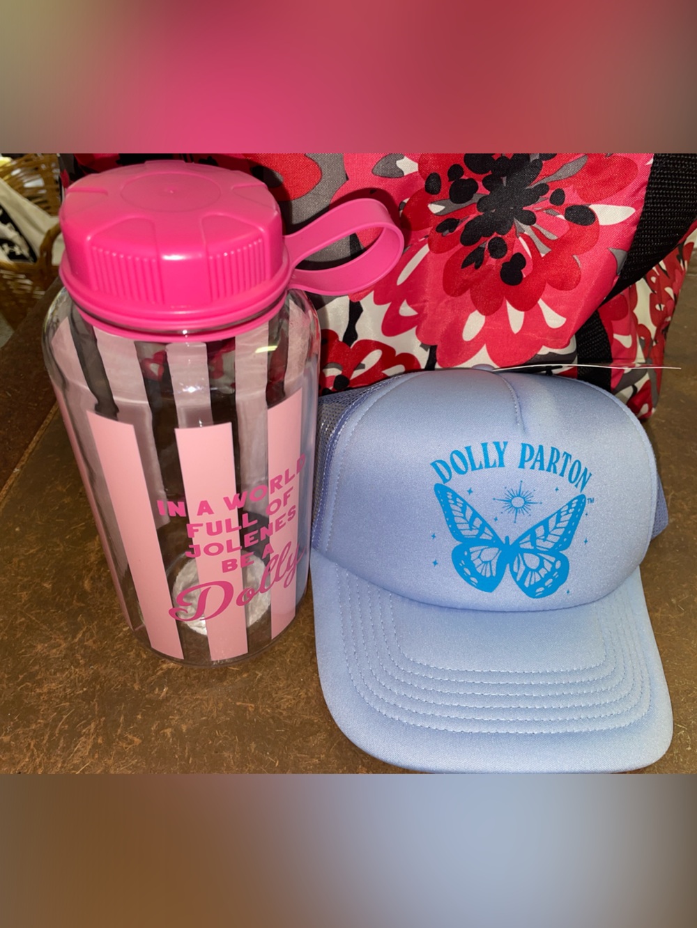 Dolly Parton Trucker Hat with Butterfly Graphic & water bottle